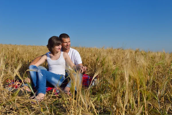 Happy couple in wheat field — Stock Photo, Image