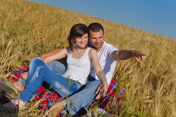 Casal feliz no campo de trigo — Fotografia de Stock
