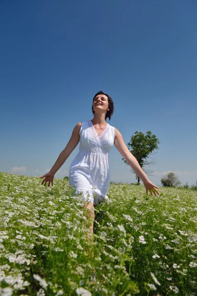 Jovem mulher feliz no campo verde — Fotografia de Stock