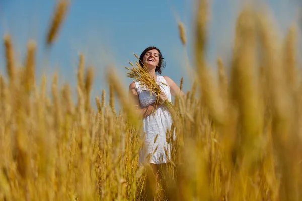 Junge Frau im Weizenfeld im Sommer — Stockfoto