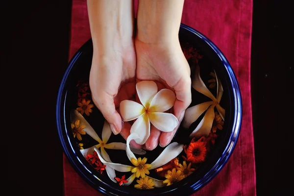 Female hand and flower in water — Stock Photo, Image