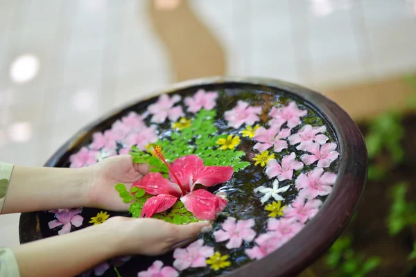 Жіноча рука і квітка у воді — стокове фото