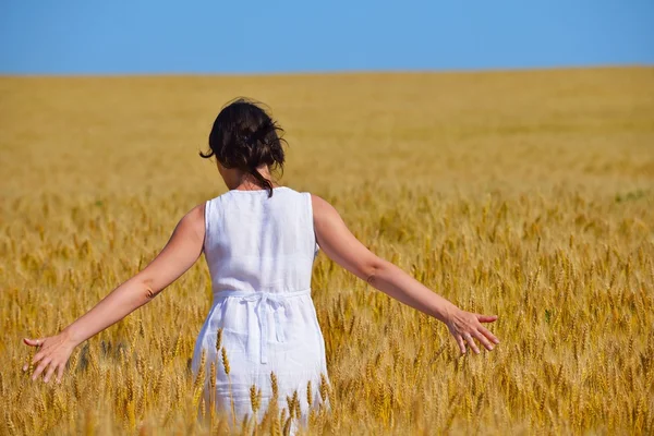 Mujer joven en el campo de trigo en verano — Foto de Stock