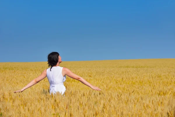 Mladá žena v pšeničném poli v létě — Stock fotografie