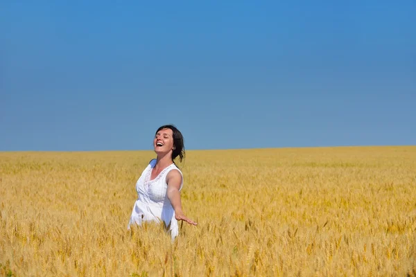 Mujer joven en el campo de trigo en verano —  Fotos de Stock