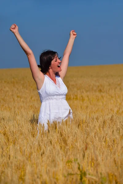 Mujer joven en el campo de trigo en verano — Foto de Stock