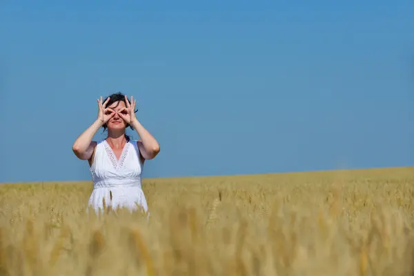 Yazın Buğday Tarlasında Genç Bir Kadın Telifsiz Stok Fotoğraflar