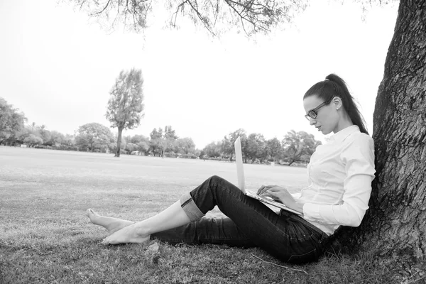 Mujer con portátil en el parque Imagen de archivo