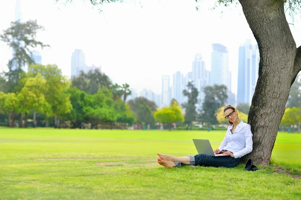 Vrouw met laptop in park — Stockfoto