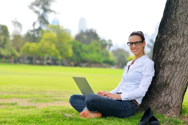 Park içinde laptop ile kadın — Stok fotoğraf
