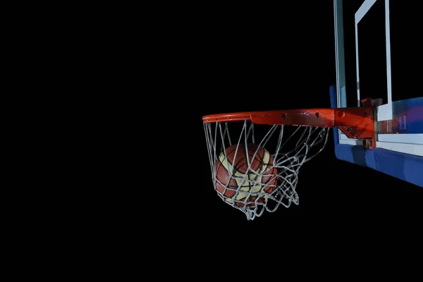 Basketball ball and net on black background — Stock Photo, Image