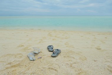 Flip flops shoes on a beach sand clipart