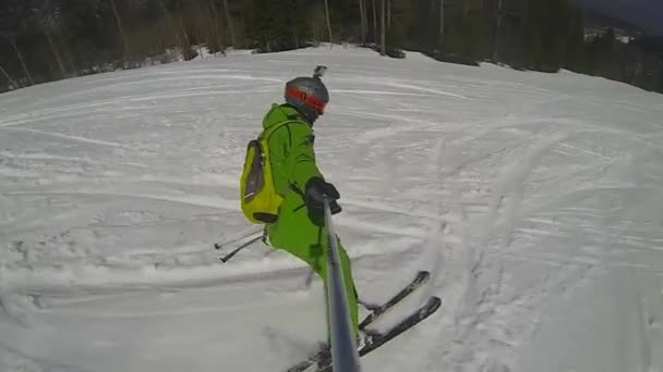 Ski sport man downhill at winter — Stock Video