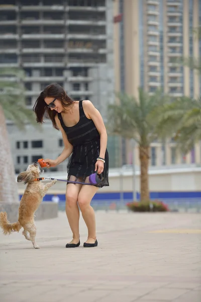 Mutlu genç kadın ile köpek yavrusu iyi eğlenceler — Stok fotoğraf