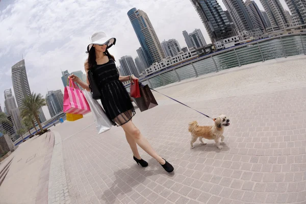 Şehirde alışveriş için güzel kadın gider — Stok fotoğraf