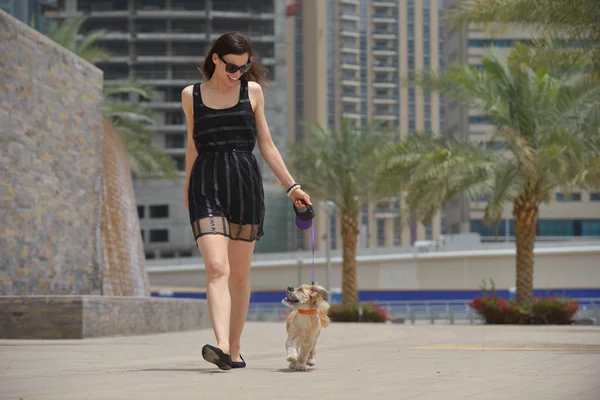 Young woman with puppy have fun — Stock Photo, Image