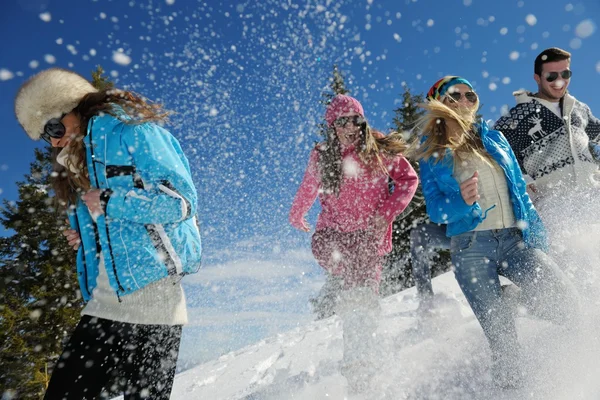 Друзья веселятся зимой на свежем снегу — стоковое фото