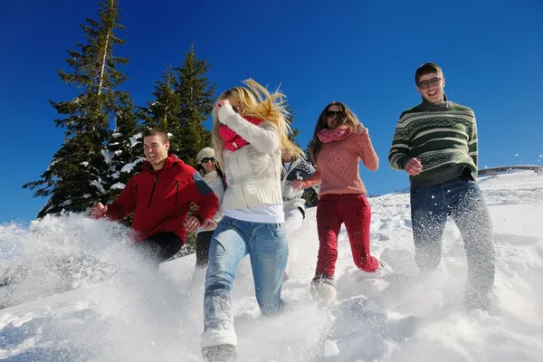 Amigos se divertir no inverno na neve fresca — Fotografia de Stock