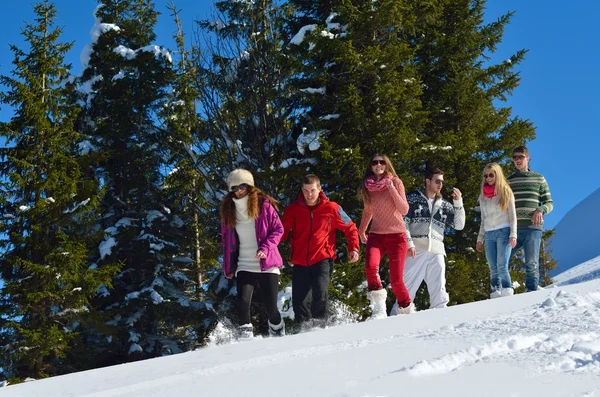 Amigos se divertir no inverno na neve fresca — Fotografia de Stock