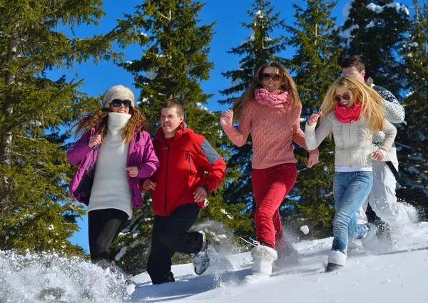 Friends have fun at winter on fresh snow — Stock Photo, Image