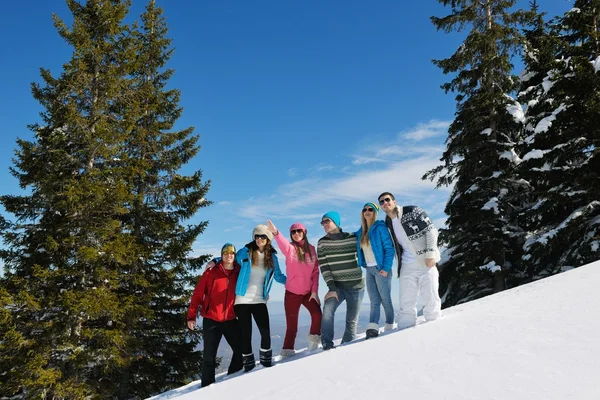 Gli amici si divertono in inverno sulla neve fresca — Foto Stock