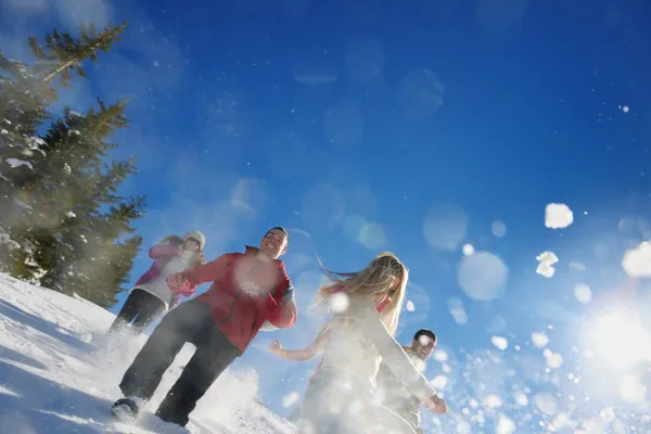 Freunde haben Spaß im Winter auf Neuschnee — Stockfoto