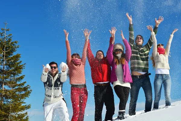 Vrienden hebben plezier in de winter op verse sneeuw — Stockfoto