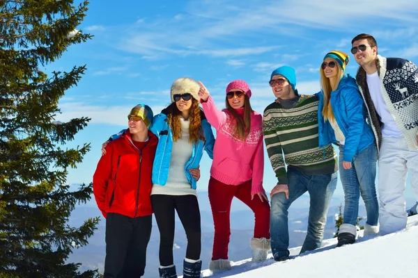 Vrienden hebben plezier in de winter op verse sneeuw — Stockfoto