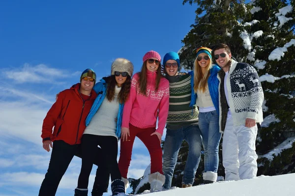 Amigos se divertir no inverno na neve fresca — Fotografia de Stock