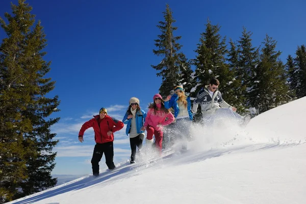 Freunde haben Spaß im Winter auf Neuschnee — Stockfoto