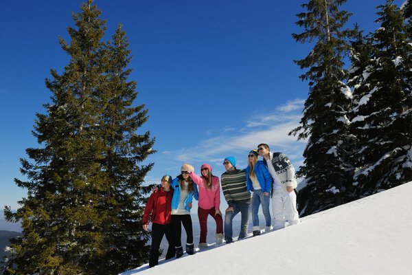 Friends have fun at winter on fresh snow
