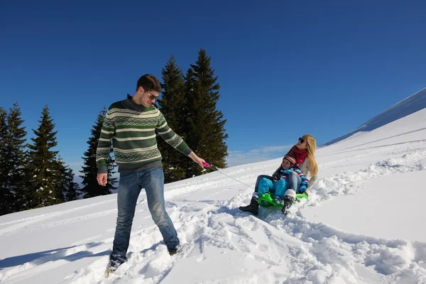 Родина розважається на свіжому снігу в зимових канікулах — стокове фото