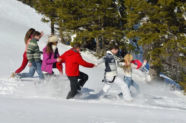 Amigos se divertir no inverno na neve fresca — Fotografia de Stock