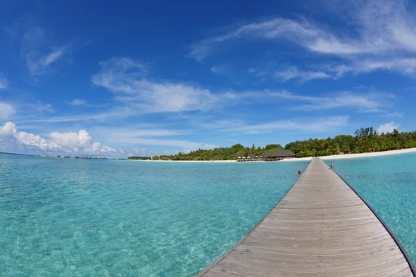 Trä brodge på tropical beach — Stockfoto