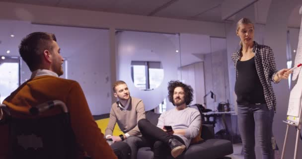 Behinderter Geschäftsmann im Rollstuhl bei der Arbeit in einem modernen Coworking-Büro im offenen Raum bei einem Teammeeting. Effektive Teamarbeit und Einbindung in ein Start-up-Unternehmen. — Stockvideo