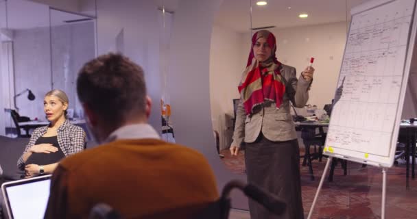 Muzułmanka w nowoczesnym biurze współpracowników na otwartej przestrzeni, prezentująca prezentację zespołowi. Arabska bizneswoman z Bliskiego Wschodu w kreatywnym biurze startupów. Niepełnosprawny biznesmen na wózku inwalidzkim na spotkaniu zespołu — Wideo stockowe