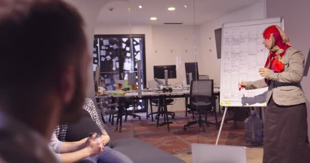 O femeie musulmană într-un birou modern de coworking în spațiu deschis care oferă o prezentare echipei. Femeia de afaceri arabă din Orientul Mijlociu în biroul de startup-uri creative. Un om de afaceri cu handicap într-un scaun cu rotile la întâlnirea de echipă — Videoclip de stoc