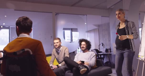 Gehandicapte zakenman in een rolstoel aan het werk in moderne open ruimte coworking office op teamvergadering. Effectief teamwerk en inclusie in een startup business. — Stockvideo