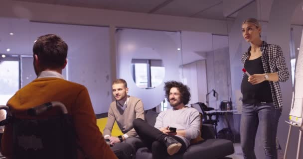 Uomo d'affari disabile in sedia a rotelle al lavoro nel moderno ufficio di coworking open space sulla riunione del team. Efficace lavoro di squadra e inclusione in una startup. — Video Stock