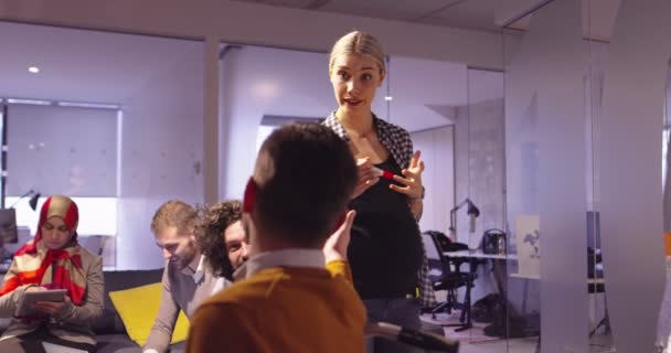 Une femme d'affaires enceinte dirige une réunion créative d'une équipe d'affaires diversifiée dans un bureau ouvert de coworking moderne, une collègue handicapée en fauteuil roulant qui suit une formation en éducation ou en affaires — Video
