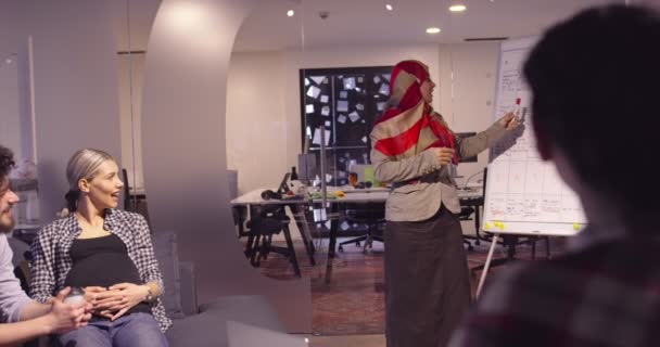 Modern bir açık alanda çalışan Müslüman bir kadın takıma bir sunum yapıyor. Orta Doğulu Arap iş kadını yaratıcı bir ofiste. Ekip toplantısında tekerlekli sandalyedeki engelli iş adamı — Stok video