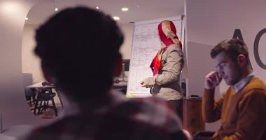 Modern bir açık alanda çalışan Müslüman bir kadın takıma bir sunum yapıyor. Orta Doğulu Arap iş kadını yaratıcı bir ofiste. Ekip toplantısında tekerlekli sandalyedeki engelli iş adamı 