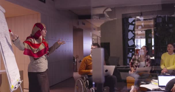 穆斯林妇女在一个现代的开放空间联合工作办公室向团队做了一个演示。中东阿拉伯女商人在创意创业办公室。坐轮椅的残疾商人团队精神 — 图库视频影像