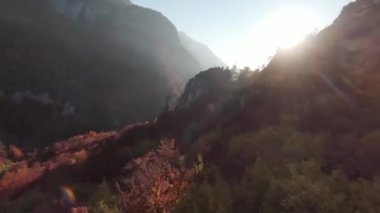 Sinema için ilham verici FPV manzaralı sakin dağ manzaralı orman ve kırsal alan. Yolculuk. Özgürlük uçuşu.
