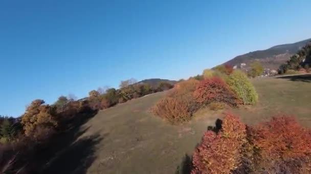 Ispirante aerea vista FPV di cinematica tranquilla natura montana foresta panoramica e la campagna. Viaggio. Libertà di volo. — Video Stock