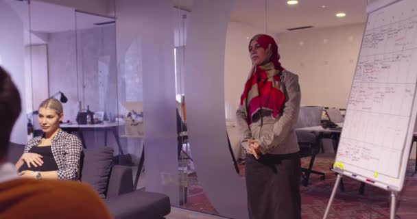 현대의 오픈 우주 사무실에서 일하는 이슬람 여성 이 팀에 프레젠테이션을 하고 있습니다. 창조적 인 스타트업 사무실에서 일하는 아랍 사업가 죠. 팀 모임에 참석 한 휠체어에 앉아 있는 장애인 사업가 — 비디오