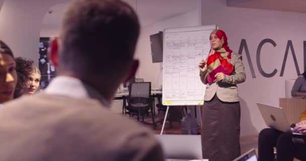 Mulher muçulmana em um moderno espaço aberto co-trabalho escritório dando uma apresentação à equipe. Empresária árabe do Oriente Médio no escritório de inicialização criativa. Empresário deficiente em cadeira de rodas em reunião de equipe — Vídeo de Stock