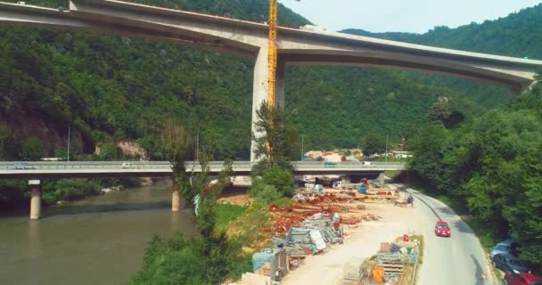Stavba Silničního Mostu Letecký Pohled Shora Stavbu Mostu Přes Dálnici — Stock video