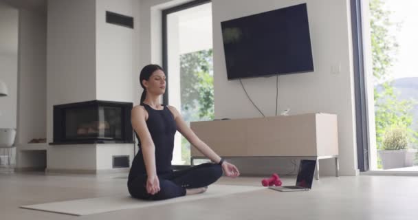 Gemengde Race Vrouw Sportkleding Doen Stretching Oefeningen Terwijl Het Kijken — Stockvideo