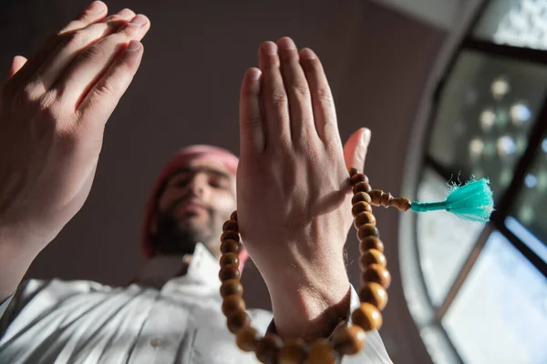 Muslim His Arms Raised Performs Practices Islamic Prayer Unura Mosque — Stock Photo, Image